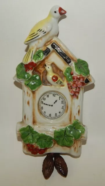 Vintage Art Pottery Porcelain Cuckoo Clock Wall Pocket Vase - Birds Grapes