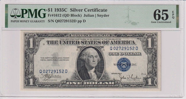 Fr 1612 1935C $1 SC Q02729152D PMG 65EPQ 1935-C RARE Silver Certificate