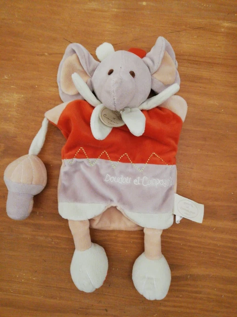 O Doudou Et Compagnie Éléphant Marionnette Grelot Champignon Beige Vert Rouge