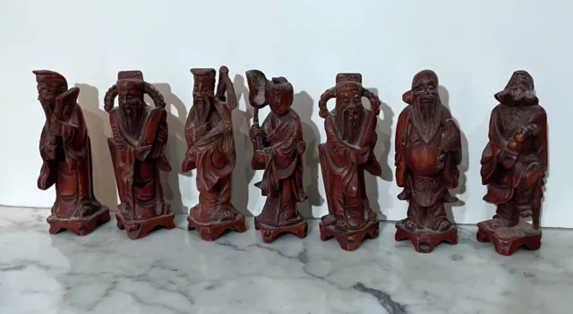 Seven Vintage Chinese Carved Wood  Statues Of Old Ancestors, Imortals & Deities