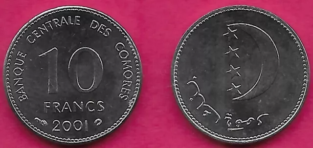 COMOROS 10 FRANCS 2001 UNC CRESCENT WITH 4 STARS,Script:Arabic ,Lettering:بنك قم