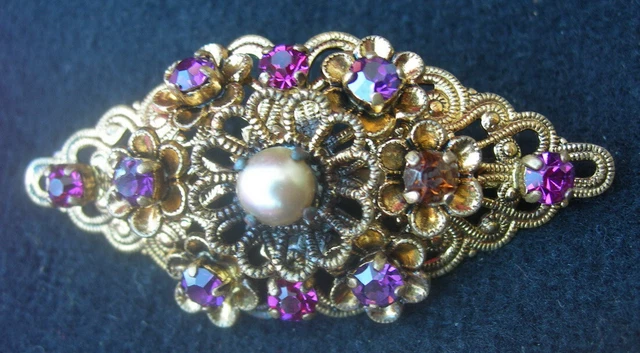 ANCIENNE BROCHE ART déco GABLONZ BOHEME Laiton Filigrane + Strass + Perle EUR 25,00 - FR