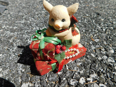 Vtg Ceramic Baby Pig Piglet Figurine w plaid Bow Ornament & Christmas Presents