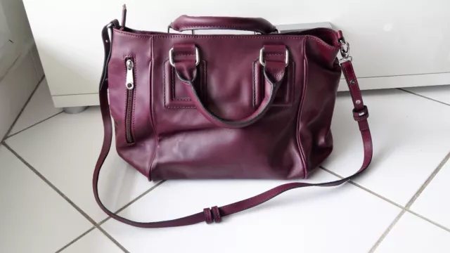 Sac Fourre-Tout zippé Cuir Violet Bordeaux Doublé Coton marron Poches Anse