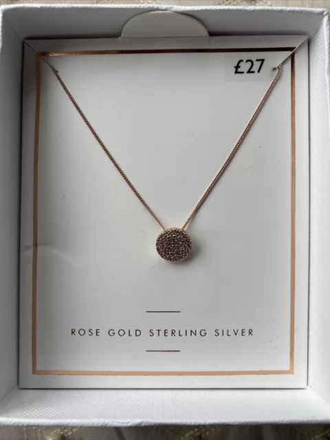 NEXT boxed Sterling Silver rose Gold Necklace cubic zirconia