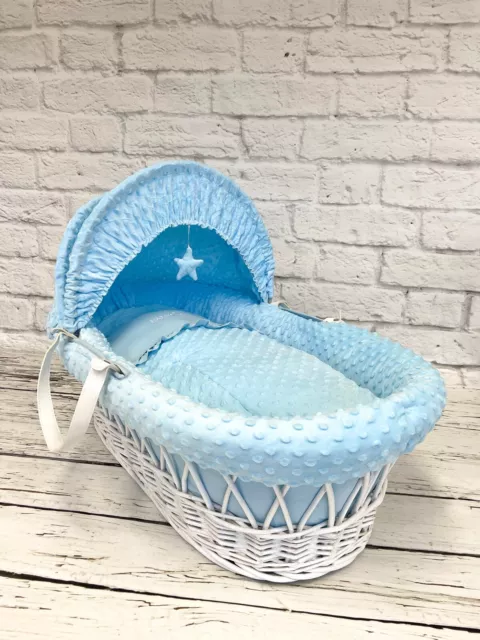 Luxury Moses Basket Padded White Wicker with handles Baby Full Set - Blue Dimple