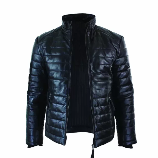 Men genuine lambskin leather Puffer Quilted Durable Biker Black Jacket