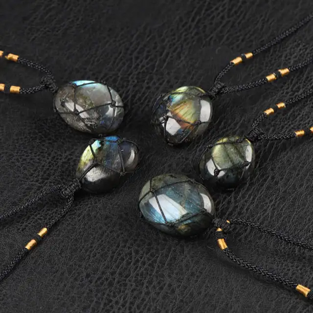 Raw Natural Labradorite Crystal Pendant Wrap Quartz Stone Necklace Healing Reiki
