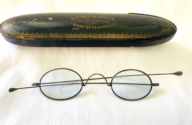 Antique Silver Tone Curly Nose Ltg Blue Lens Franklin Looking Eyeglasses w/ Case