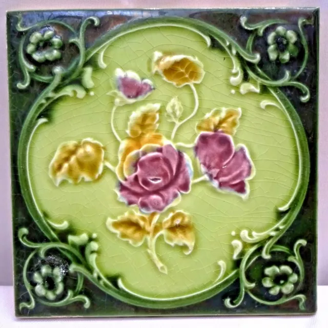 Ancien Carreau Majolique Art Nouveau Angleterre Rose Mauve Architecture Floral