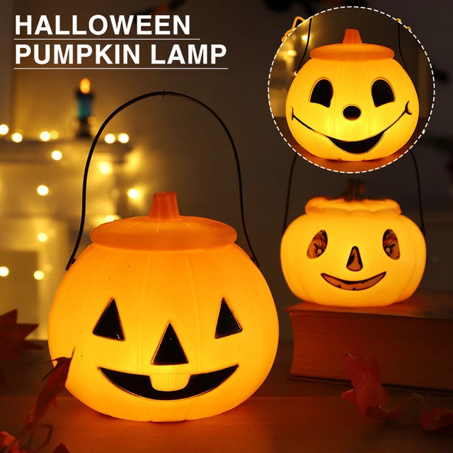 Cubo de calabaza de Halloween portátil con vela lámpara de luz LED para decoración de Halloween