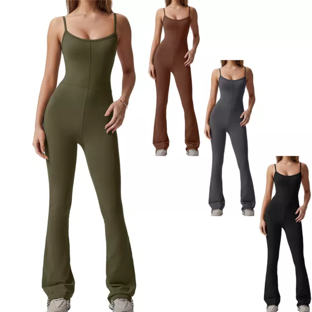 Damen Strampler Einfarbig Body Sport Jumpsuit Hose Mit Weitem Bein Lässig Yoga