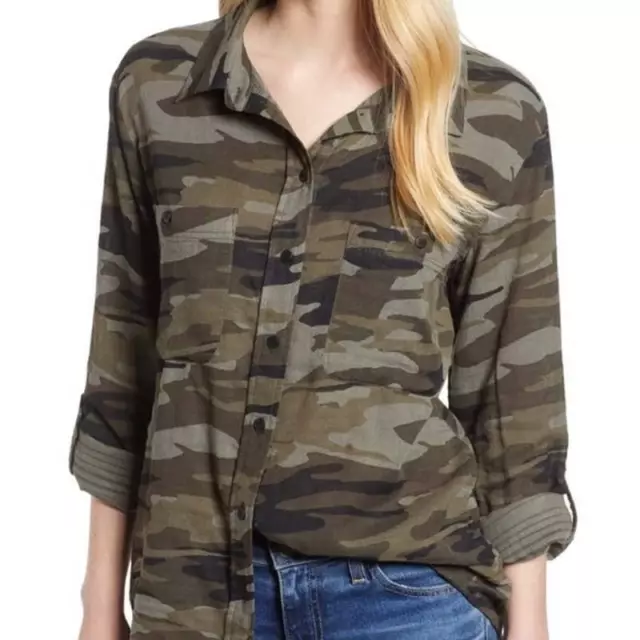 Sanctuary Shirt Women Small Green Camo Boyfriend Button Up Collared Cotton Rayon 3