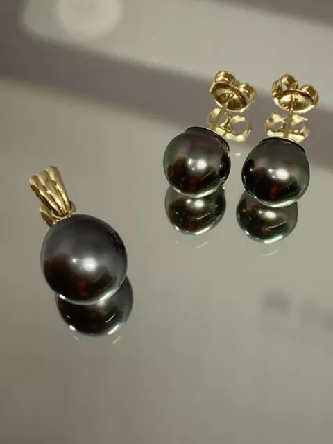 14k Yellow Gold Designer QS Tahitian Black Pearl Pendant And Earrings Set 11.5mm