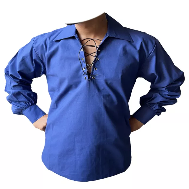 Scottish Royal Blue Jacobite Ghillie Kilt Shirt with Leather Cord Sizes S -  5XL