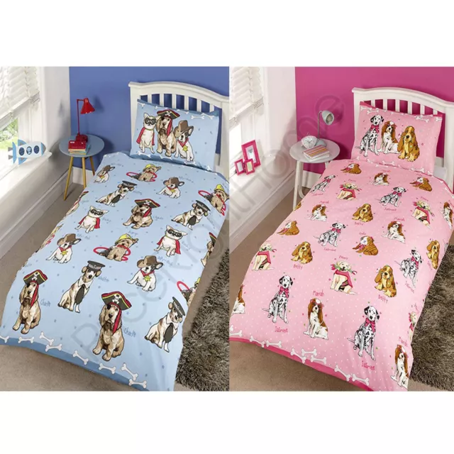 Doggies Duvet Cover Set Kids Boys Girls Bedding Dogs Pink Blue - Junior & Single