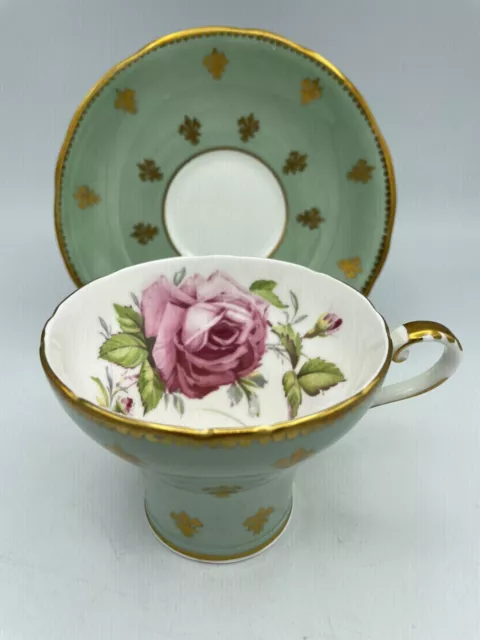 Vtg Aynsley Pink Cabbage Rose Teacup Saucer Light Green Gold Fleur De Lis *CRACK