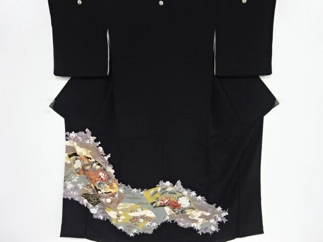 03817# Japanese Kimono / Antique Tomesode / Embroidery / Carriage & Peony