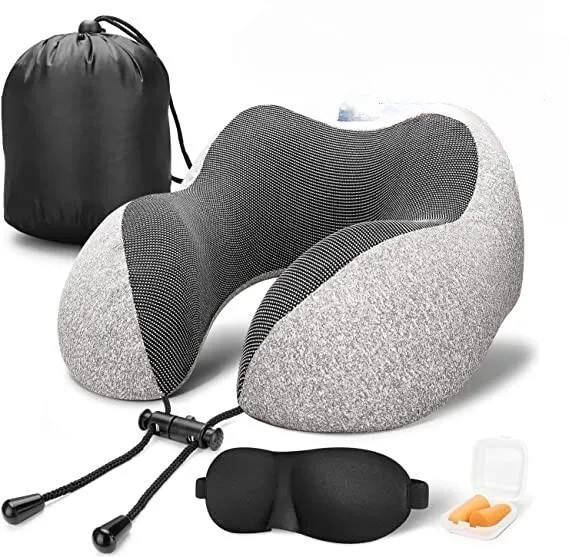 Travel Pillow, 100% Pure Memory Foam, 3D Sleep Mask, Earplugs, Luxury Bag, Grey
