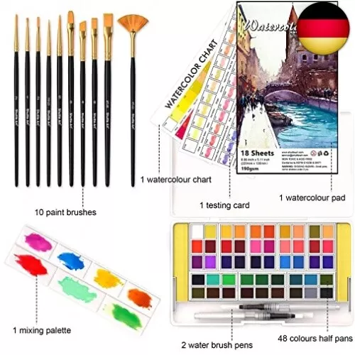 Shuttle Art Aquarellfarben Set, 48 Wasserfarben mit 2 Wasserpinsel, 10 Pinsel, 2