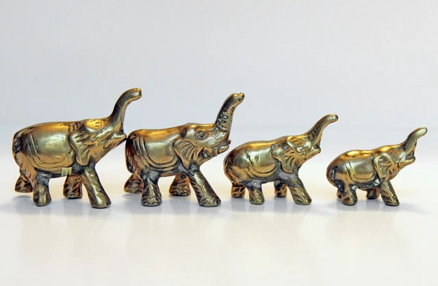 VTG Solid Brass Mini Lucky Elephants Trunk Up Family of 4 Made in Taiwan O.C.