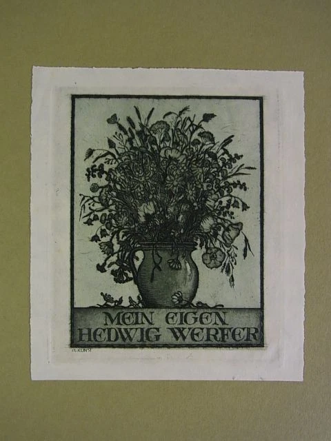 Adolf Kunst: Exlibris für Hedwig Werfer. Blumen in Vase. Original-Radierung