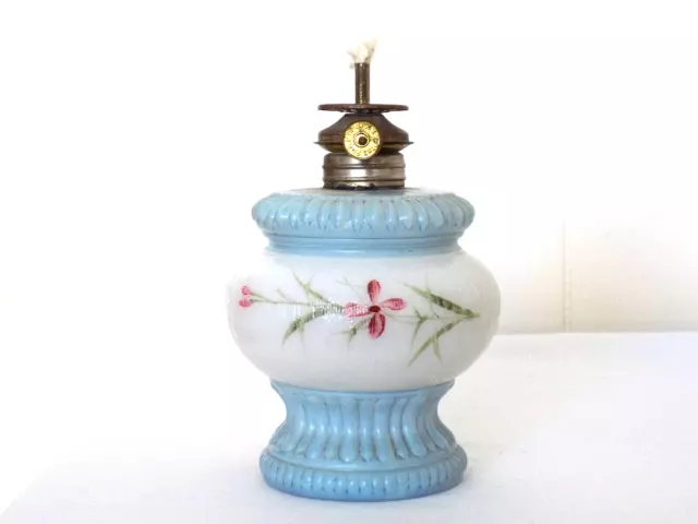 Antique 1850-1899 P & A Mfg. Co. Acorn Miniature Blue/White Milk Glass Oil Lamp