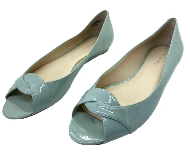 Nine West Shoes Womens 7.5 M Slip On Flats Peep Toe Light Blue Patent Leather