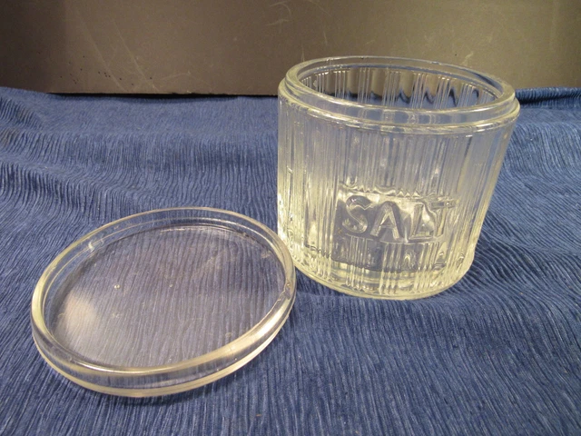 Vintage Hoosier Salt Jar. Clear Glass W/Ribbed Panel & Flat Lid 3