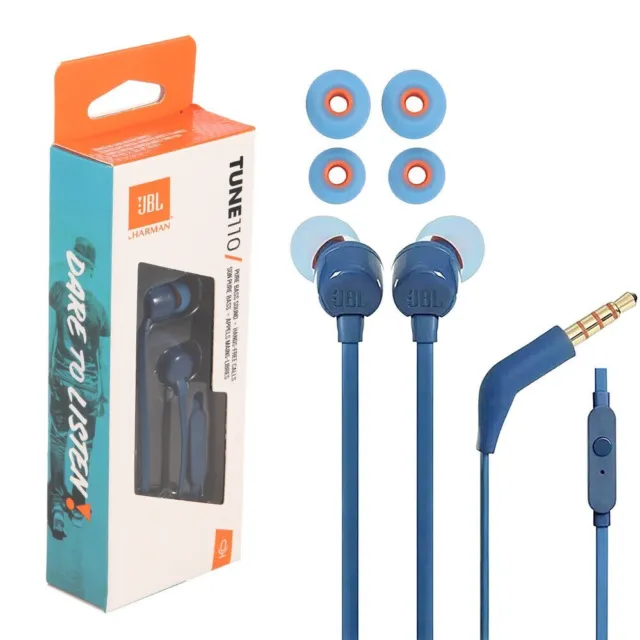 JBL T110 Pure Bass Tangle Free In-Ear Stereo Wired Headphones w/ Mic - Blue