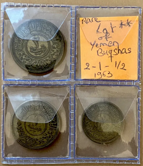 Lot of 3 Rare Yemen 1963 (AH1382) Buqsha Coins: 2, 1, 1/2 - Ships From Canada