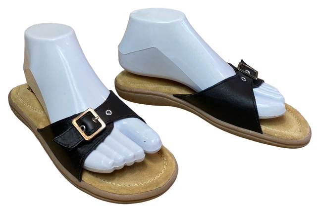 GH Bass Sunjuns Women’s Size 7 Black Leather Buckle Strap Slip On Slide Sandals