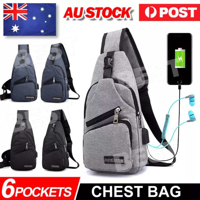 Men Chest Bag Shoulder Backpack Sling Cross Body Satchel Travel Outdoor USB AU