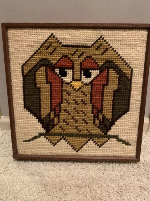 Vtg 1970s Owl Yarn Needlepoint Framed Wall Hanging