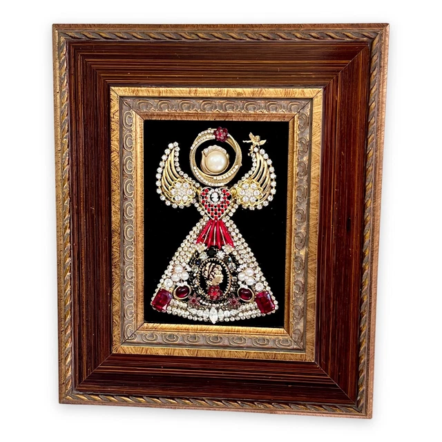Jewelry Art Angel Rhinestones Jeweled Mid Century Style Vintage Table/Wall Frame