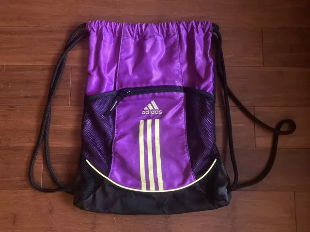 ADIDAS Drawstring Bag Backpack Shoe Mesh Zip Pocket Gym Purple & Black READ!