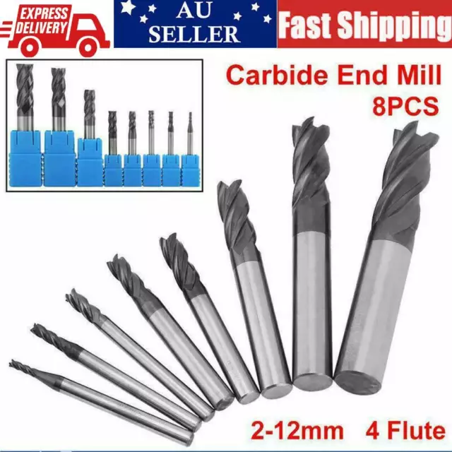 8PCS Carbide End Mill Set Tungsten Steel Milling Cutter Tool 2-12mm 4 Flutes Kit