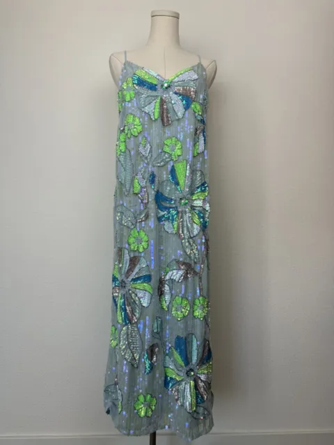 ASOS Edition Dress Sequin Neon Floral Cami Slip Midi Blue Green Size 4 NWT