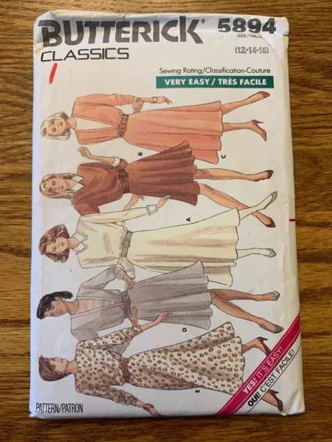UNCUT Vintage Butterick Sewing Pattern 5894; 1987 Misses Dress Classics 12/14/16