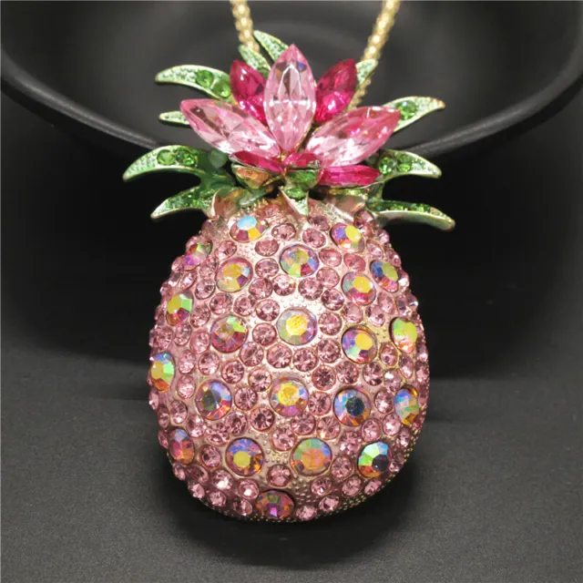 Fashion Lady  Pink Bling Fruit Pineapple Crystal Pendant Women Necklace
