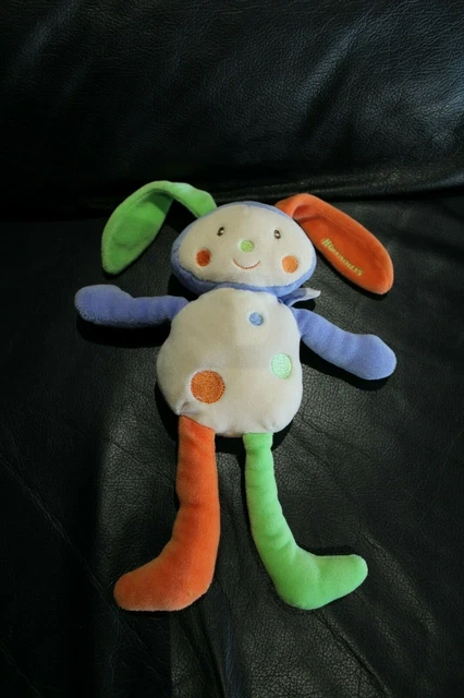 Doudou peluche lapin blanc ecru bleu vert orange pois NOUNOURS grelot COMME NEUF