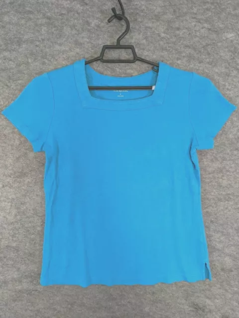 Kim Rogers Top Womens Small Blue Stretch Knit Short Sleeve Square Neck Casual