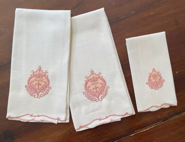 Three Constance Leiter Vintage Linen Towels Madeira Embroidered Crest XX560