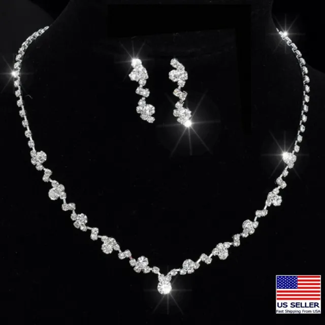 Fashion Women Crystal Jewelry Necklace Earrings Set Bling Party Wedding 1324