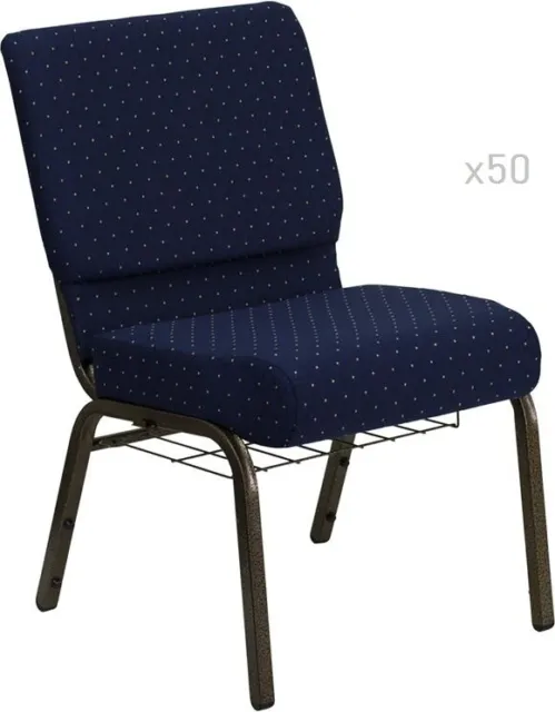 50x Blue Gold Dot 21'' Wide Church Chairs Book Rack 4” Seat 800 Lb Wt