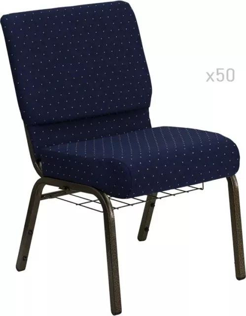 50x Blue Gold Dot 21'' Wide Church Chairs Book Rack 4” Seat 800 Lb Wt