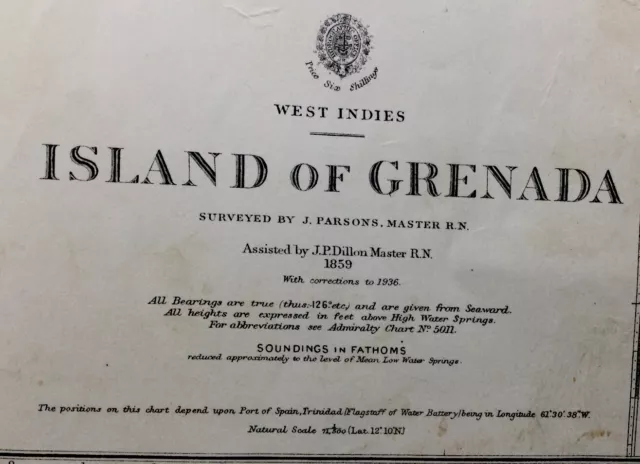 ISLAND OF GRENADA, WEST INDIES, 1861-1918 ADMIRALTY SEA CHART. No. 2821.