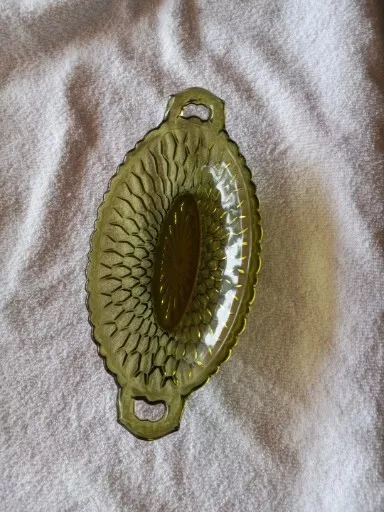 Green Glass Oval Honey Comb Pattern Dish Candy Dish Trinket Dish