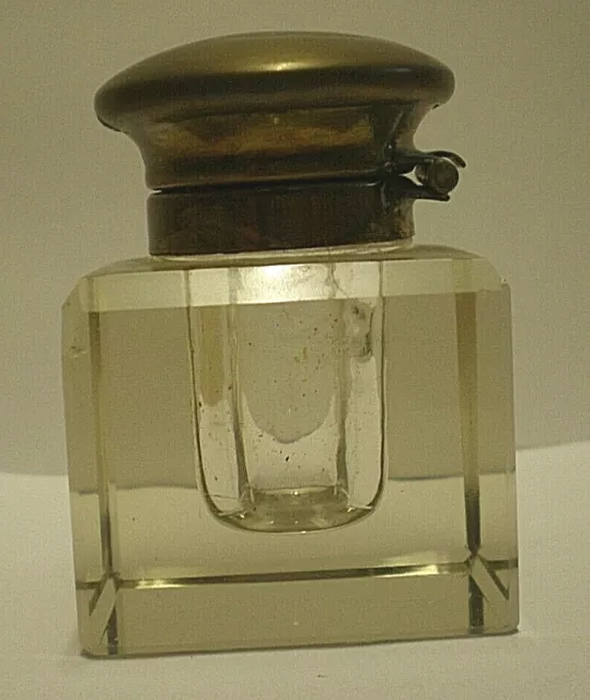 Victorian Cut Crystal Cube Ink Well With Hinged Brass Lid (Cab) 2