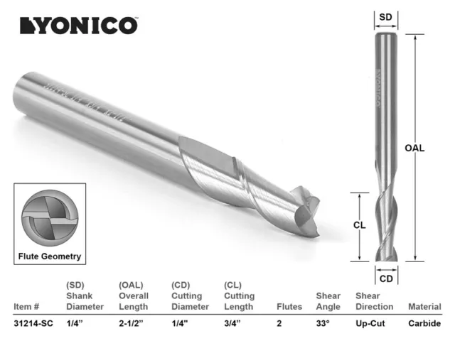 1/4" Dia. Upcut Spiral End Mill CNC Router Bit - 1/4" Shank - Yonico 31214-SC